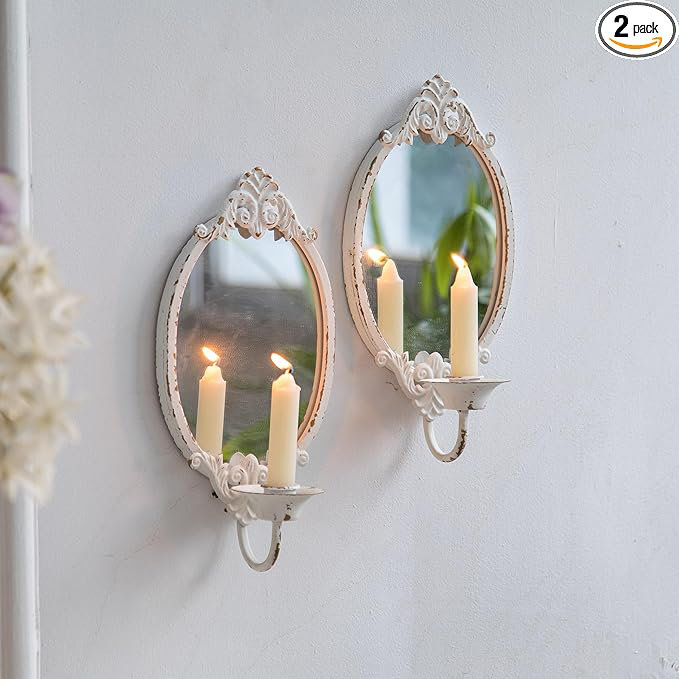 Ophelia & Co. Rustic White Mirrored Wall Candle Sconces Set Of Two